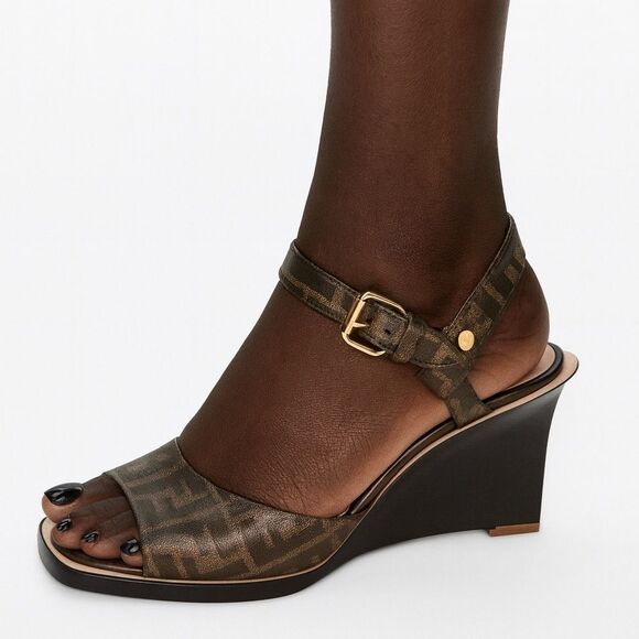 FENDI Tobacco Brown FF Zucca Logo Coated Canvas Wedge Sandals Size EU38.5 - Picture 4 of 14